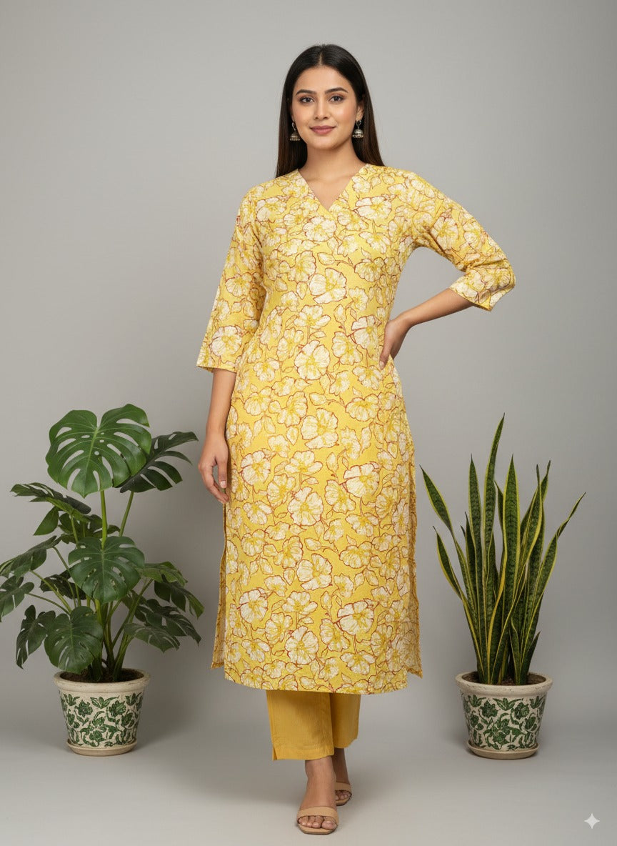 Mustard Floral Pure Cotton Kurti with Pocket