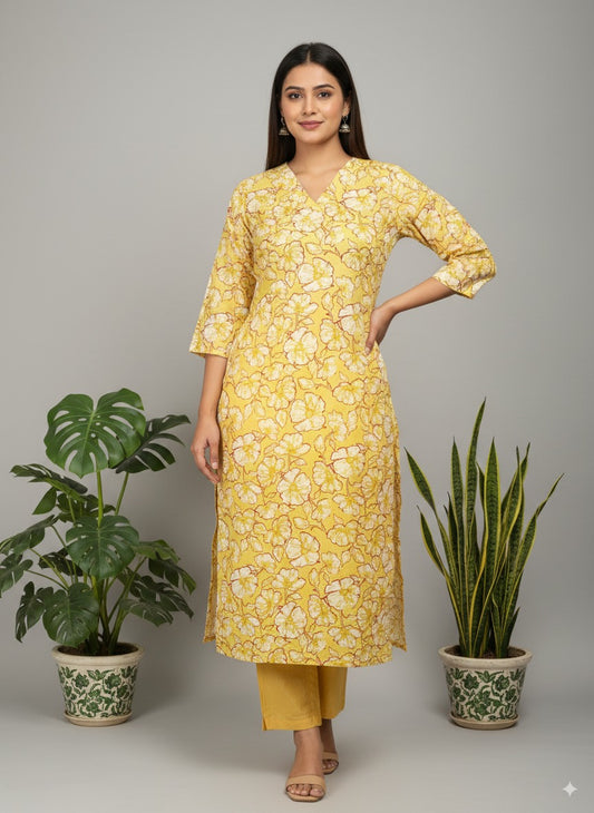 Mustard Floral Pure Cotton Kurti with Pocket