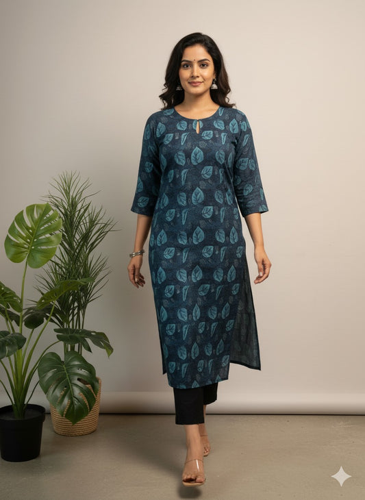 Leaf Print Straight Cotton Kurti