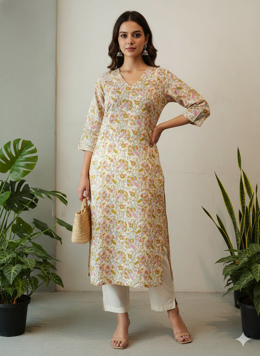 White & Multicolor Floral Block-Printed Pure Cotton Straight Kurta