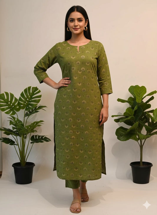 Elegant Olive Green Floral Print Pure Cotton Straight Kurta with Pocket