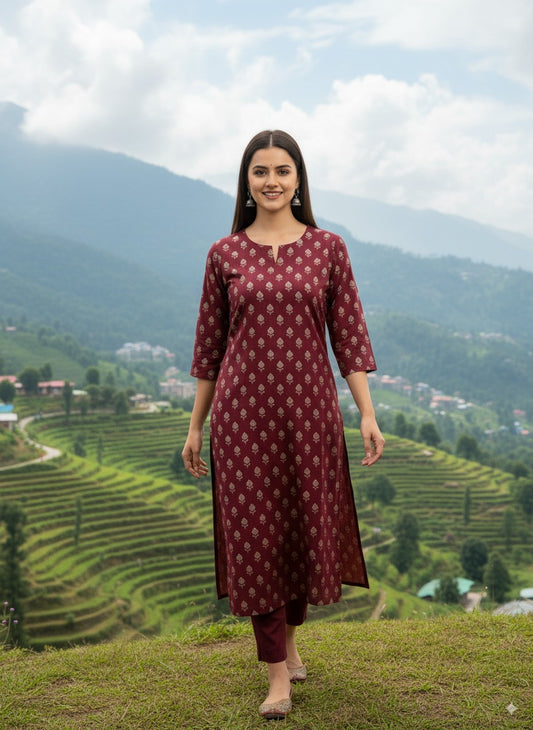 Elegant Maroon Floral Printed Pure Cotton Kurta