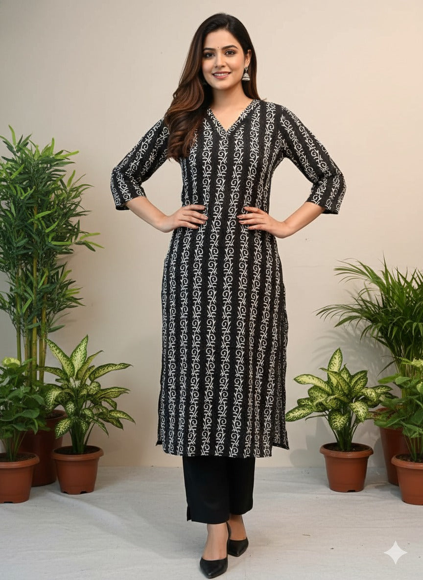 Elegant Women's Black & White Bandhani Printed Pure Cotton kurta