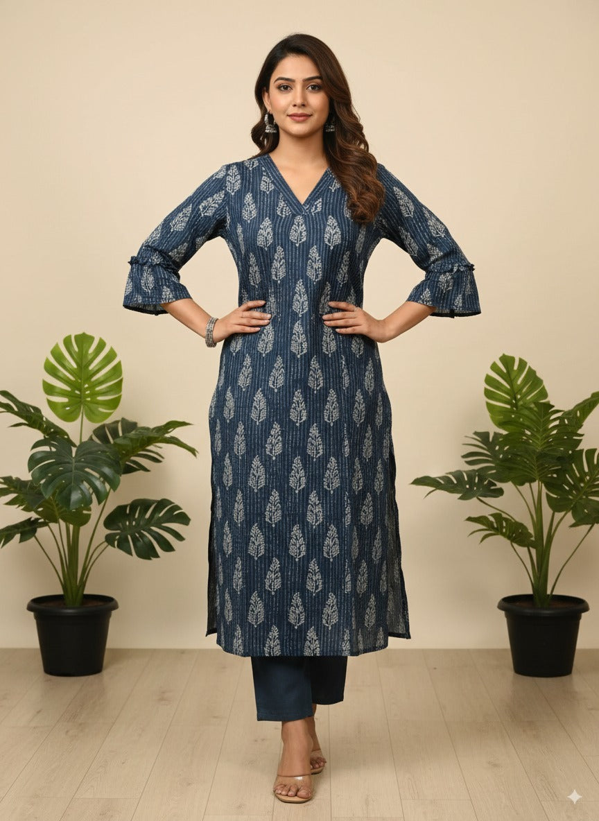 Midnight Bloom Indigo Cotton Straight Kurta