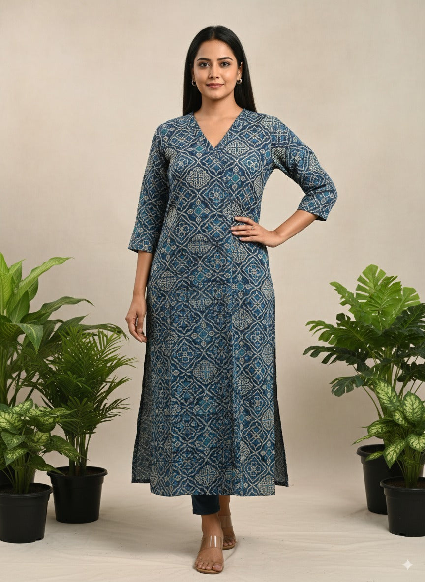 Elegant Indigo Geometric Print Pure Cotton Kurti with Side Pocket