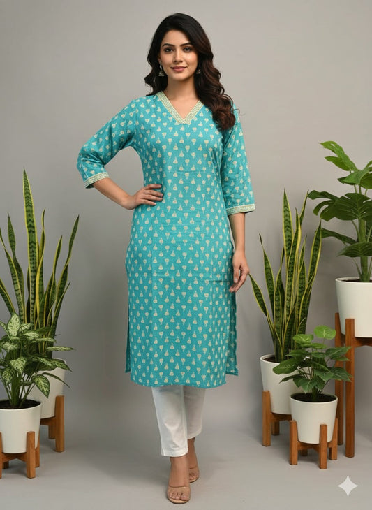 Women’s Turquoise Blue & White Floral Printed Pure Cotton Straight Kurta