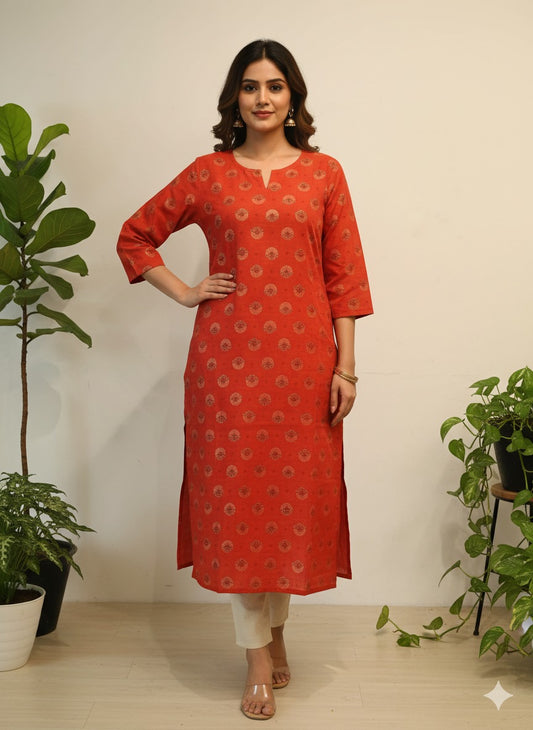 Orange Floral Block Print Cotton Straight Kurta