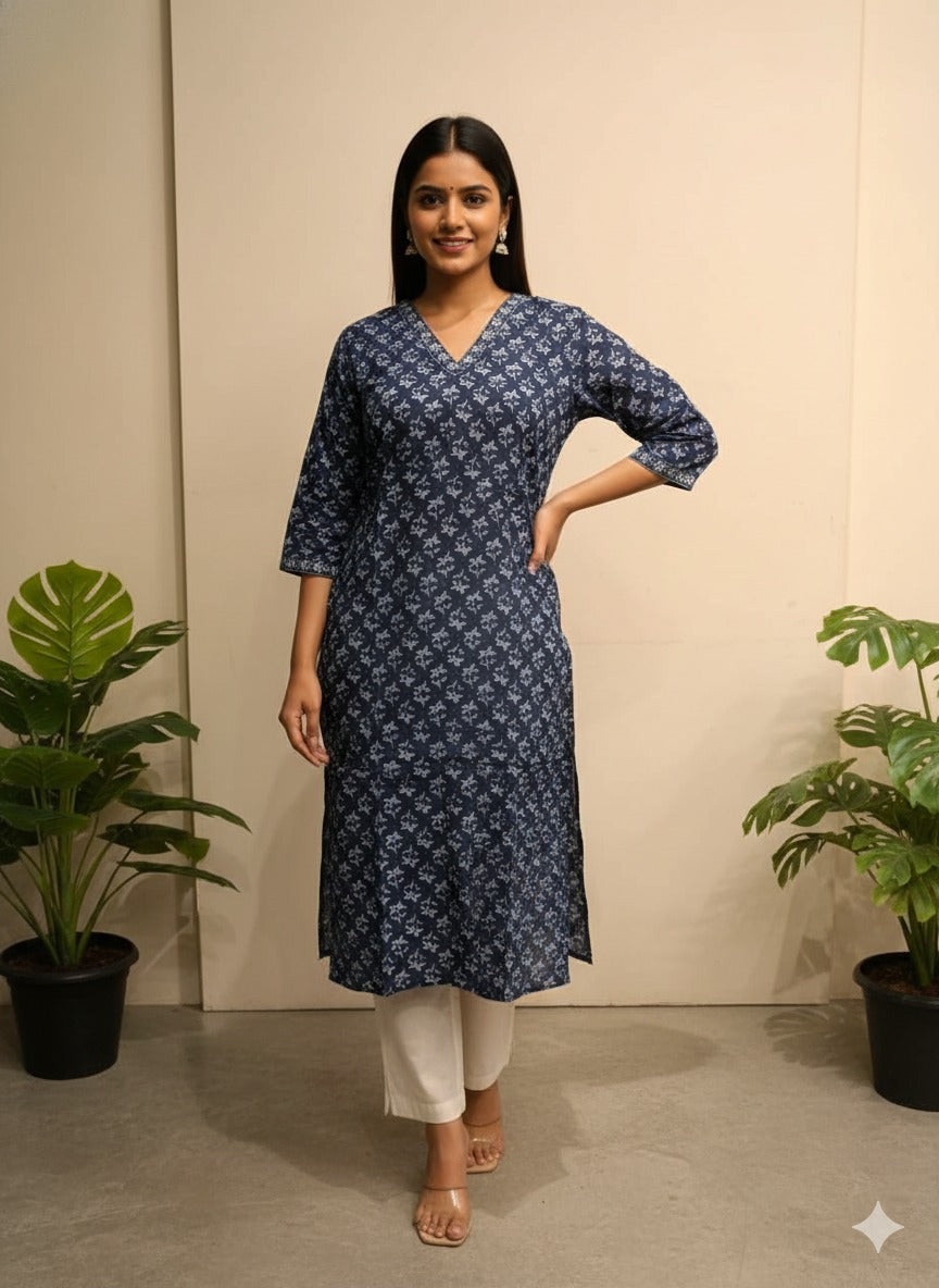 Women's Indigo Blue Floral Printed Pure Cotton Straight Kurta