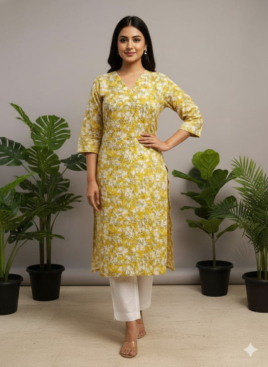Women’s Sunny Yellow Floral Pure Cotton Straight Kurta