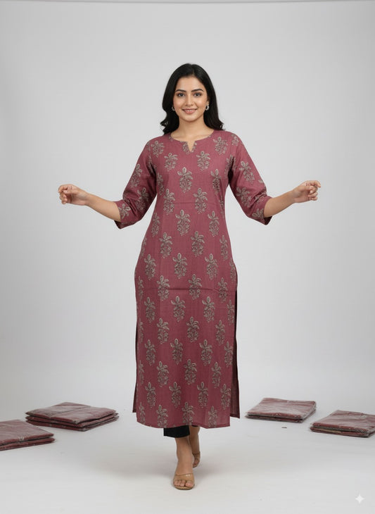 Mauve Floral Printed Pure Cotton Straight Kurta