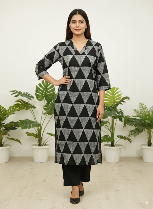 Women's Pure Cotton Geometric Print Straight Kurta with Side Pocket