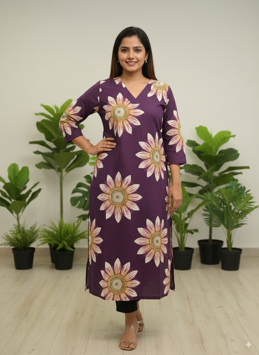 Women's Sunflower Print Pure Cotton Straight Kurta