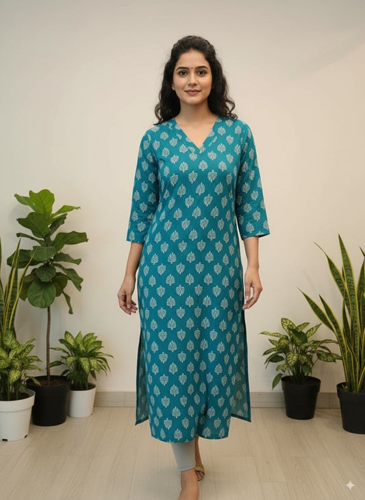 Pure Cotton Leaf-Print Straight Kurta