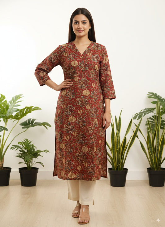 Maroon Floral Printed Pure Cotton Straight Kurta