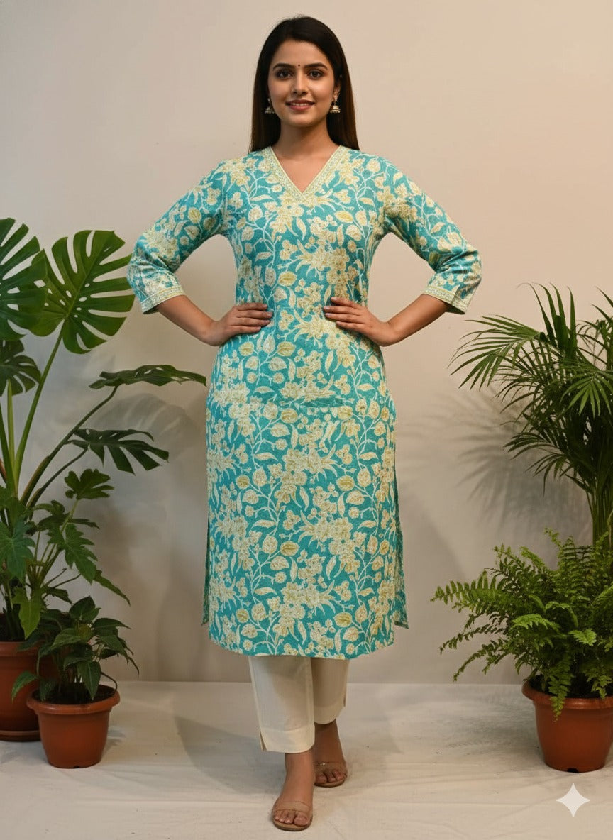 Sea Green Floral Printed Pure Cotton Straight Kurta