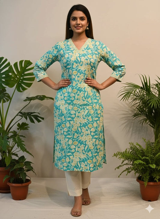 Sea Green Floral Printed Pure Cotton Straight Kurta