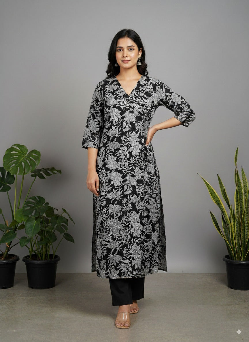 Women’s Black Floral Print Pure Cotton Straight Kurta
