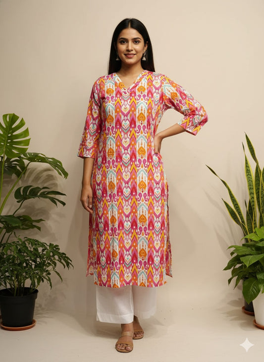 Women’s Vibrant Multicolored Ikat Print Pure Cotton Straight Kurta