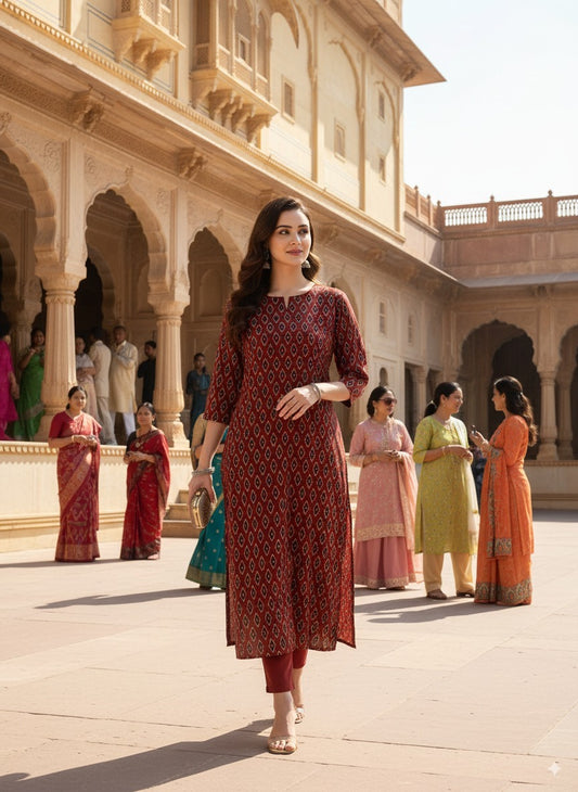 Maroon Floral Printed Pure Cotton Straight kurta